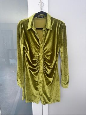 Olive Green Velvet Ruched Button-Front Women's Top